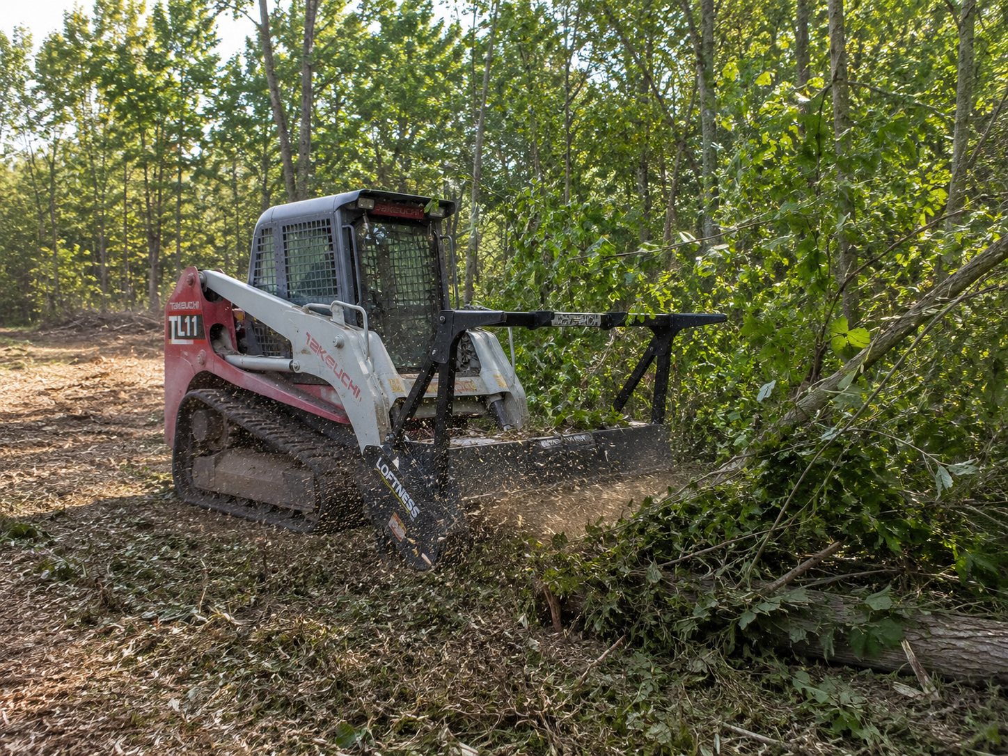 Operator using forestry mulcher to manage dense vegetation with controlled precision